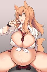 Rule 34 | :3, animal ears, between breasts, big belly, breasts, cleavage, fang, fate/extra, fate/extra ccc, fate/extra ccc fox tail, fate (series), fox ears, fox girl, fox tail, gradient background, highres, huge breasts, kuronyan, long hair, miniskirt, necktie, open mouth, orange hair, outie navel, plaid, plaid necktie, plaid skirt, pregnant, school uniform, shirt, simple background, sketch, skirt, solo, squatting, suzuka gozen (fate), tail, thighs, tied shirt, unbuttoned, unbuttoned shirt, v, white shirt, yellow eyes
