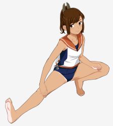 Rule 34 | 10s, 1girl, barefoot, brown eyes, brown hair, feet, full body, i-401 (kancolle), kantai collection, light soles, long hair, ojipon, one-piece swimsuit, ponytail, school swimsuit, simple background, smile, soles, solo, stretching, swimsuit, swimsuit under clothes, tan, tanline, toes