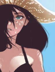 Rule 34 | 1girl, absurdres, bikini, black bikini, black hair, blue background, blue eyes, breasts, cleavage, commentary, english commentary, hair over one eye, hat, highres, lem, long hair, looking up, one eye covered, original, parted lips, portrait, solo, straw hat, swimsuit