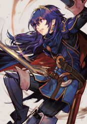 Rule 34 | 1girl, belt, black sweater, blue cape, blue eyes, blue hair, brown belt, cape, falchion (fire emblem), fire emblem, fire emblem awakening, floating hair, food, hair between eyes, holding, holding food, holding weapon, hungry clicker, long hair, long sleeves, looking away, lucina (fire emblem), nintendo, red cape, ribbed sweater, sheath, solo, sweater, sword, teeth, tiara, torn cape, torn clothes, two-tone cape, weapon