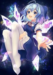 Rule 34 | 1girl, ahoge, bloomers, blue dress, blue eyes, blue hair, breasts, cirno, commentary request, dress, fang, ice, ice wings, knees up, light particles, neck ribbon, nenobi (nenorium), night, night sky, no shoes, open mouth, puffy short sleeves, puffy sleeves, red ribbon, ribbon, shirt, short hair, short sleeves, sky, small breasts, smile, solo, star (sky), starry sky, thighhighs, thighs, touhou, underwear, white bloomers, white shirt, white thighhighs, wings