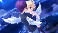 Rule 34 | 1boy, 1girl, black thighhighs, blonde hair, blush, cloud, face-to-face, feathered wings, floating island, flying, game cg, hair ribbon, hetero, highres, holding hands, hood, hoodie, hug, mikagami mamizu, night, parfil, purple eyes, ribbon, short hair, side ponytail, smile, tenmaso, thighhighs, wings, world election
