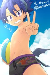 Rule 34 | 1boy, bad id, bad twitter id, ball, beachball, black male swimwear, black one-piece swimsuit, black swim briefs, blue hair, blue sky, blush, cloud, cowboy shot, demon boy, demon tail, demon wings, dot nose, drawstring, from below, from side, grin, hair between eyes, highres, holding, holding ball, holding beachball, horns, looking at viewer, looking down, looking to the side, male focus, male swimwear, mini wings, multicolored clothes, multicolored male swimwear, multicolored swim briefs, multicolored swimsuit, navel, nipples, one-piece swimsuit, outdoors, pocchipocchi, pointy ears, pop-up story, print male swimwear, print swim briefs, print swimsuit, purple eyes, short hair, sky, smile, solo, swim briefs, swimsuit, tail, teeth, topless, topless male, v, wings, ziz glover