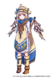 Rule 34 | 1girl, ahoge, arms behind back, blonde hair, boots, character request, fake wings, full body, fur boots, mataichi mataro, purple eyes, scarf, solo, tabard, traditional clothes, wings, yuba no shirushi