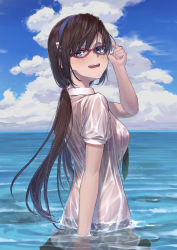 Rule 34 | 1girl, absurdres, adjusting eyewear, bad id, bad pixiv id, blue eyes, blue sky, bra visible through clothes, bralines, brown hair, evangelion: 3.0+1.0 thrice upon a time, glasses, headband, highres, light blush, looking at viewer, looking back, low twintails, makinami mari illustrious, necktie, neon genesis evangelion, nonca, ocean, open mouth, partially submerged, rebuild of evangelion, red-framed eyewear, see-through, shirt, sky, smile, solo, twintails, upper body, wet, wet clothes, wet shirt