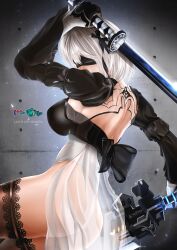 Rule 34 | 1girl, absurdres, ass, backless dress, backless outfit, black blindfold, black dress, black hairband, black thighhighs, blindfold, breasts, dress, hairband, highres, lace thighhighs, large breasts, leotard, lohmijo, nier:automata, nier (series), self-upload, short hair, solo, thighhighs, thong leotard, weapon, white hair, 2b (nier:automata)