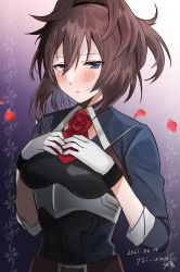Rule 34 | 1girl, absurdres, ascot, belt, blue eyes, blush, brown belt, brown hair, dated, flower, gloves, highres, kantai collection, long hair, looking at viewer, messy hair, military, military uniform, red ascot, red flower, red rose, rose, sheffield (kancolle), skirt, solo, toriniku senshi chikinman, twitter username, uniform, white gloves, white skirt