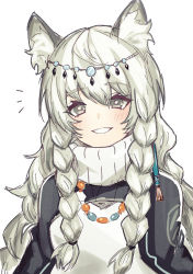 Rule 34 | 1girl, animal ear fluff, animal ears, arknights, bead necklace, beads, blush, braid, circlet, commentary request, dress, hair between eyes, high collar, jewelry, leopard ears, leopard girl, leopard tail, long hair, looking at viewer, necklace, pramanix (arknights), grey eyes, silver hair, simple background, smile, solo, tail, twin braids, upper body, white background, white dress, yoruhachi