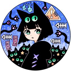 Rule 34 | 1girl, :3, animal ears, black cat, black hair, black hoodie, blue background, blunt bangs, blush stickers, bob cut, bright pupils, cat, cat ears, commentary request, dot nose, extra eyes, fish bone, garouma, green eyes, highres, hitodama, hood, hood down, hoodie, looking to the side, original, parted lips, round image, short hair, sign, signature, solo, star (symbol), translation request, upper body, warning sign, white pupils
