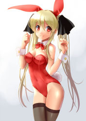Rule 34 | 1girl, animal ears, bare shoulders, black thighhighs, blonde hair, blush, bow, bowtie, breasts, cleavage, clenched hand, covered navel, cowboy shot, crossed legs, detached collar, fake animal ears, female focus, hair ribbon, katahira masashi, legs, leotard, long hair, looking at viewer, medium breasts, nail polish, original, playboy bunny, rabbit ears, rabbit tail, red eyes, ribbon, smile, solo, standing, tail, thighhighs, twintails, wrist cuffs