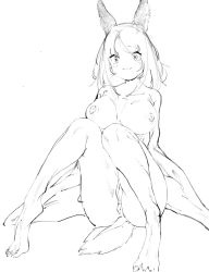 Rule 34 | a0kyt, animal ears, anus, barefoot, breasts, claws, cleft of venus, feet, highres, large breasts, looking at viewer, medium hair, monochrome, monster girl, nude, original, pussy, sitting, sketch, smile, tail