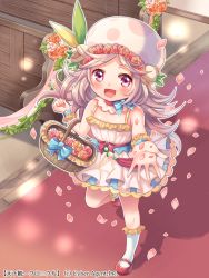 Rule 34 | 1girl, bare shoulders, basket, blush, bouquet, bow, bracelet, carpet, copyright notice, flower, hair ornament, hat, head wreath, indoors, jewelry, long hair, mushroom, official art, open mouth, outstretched hand, petals, pink eyes, plant, red eyes, shina shina, silver hair, skirt, socks, solo, tenka touitsu chronicle, vines, white skirt, white socks