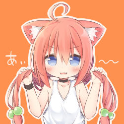 Rule 34 | 1girl, :d, ahoge, animal ear fluff, animal ears, ayanepuna, bare shoulders, black choker, blue eyes, blush, cat ears, choker, collarbone, commentary request, fang, hair between eyes, hair bobbles, hair ornament, hands up, hinata channel, holding, holding own hair, long hair, looking at viewer, low twintails, nekomiya hinata, open mouth, orange background, red hair, shirt, simple background, smile, solo, tank top, translation request, twintails, upper body, very long hair, virtual youtuber, white shirt