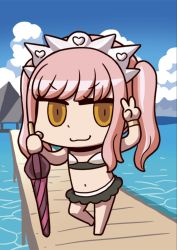 Rule 34 | 1girl, :3, april fools, bikini, chibi, cloud, day, fate/grand order, fate (series), highres, holding, holding sword, holding weapon, long hair, medb (fate), medb (swimsuit saber) (fate), medb (swimsuit saber) (second ascension) (fate), navel, official art, pier, pink hair, riyo (lyomsnpmp), solo, swimsuit, sword, twintails, v, water, weapon, white bikini, yellow eyes