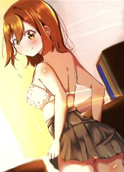 Rule 34 | 1girl, absurdres, artist name, artist request, bare shoulders, blush, boots, bra, breasts, brown eyes, brown hair, curtains, female focus, from behind, grey skirt, hair between eyes, highres, holding, holding clothes, holding skirt, indoors, kunikida hanamaru, layered skirt, light brown hair, long hair, looking at viewer, looking back, love live!, love live! sunshine!!, midriff, panties, parted lips, plaid, plaid skirt, pleated, pleated skirt, skirt, smile, solo, sunlight, underwear, white bra, white panties, yellow curtains, yellow eyes