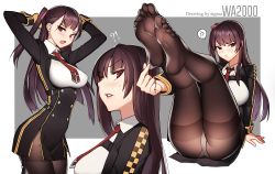 Rule 34 | !?, 1girl, anger vein, arms behind head, arms up, artist name, black pantyhose, blazer, blush, breasts, brown hair, character name, closed mouth, feet, foot focus, framed breasts, girls&#039; frontline, gloves, grey background, gusset, hair ribbon, half updo, hand on own chest, head tilt, jacket, large breasts, legs up, long hair, looking at viewer, multiple views, necktie, one side up, open mouth, panties, pantyhose, pantyhose tug, pantyshot, parted lips, pelvic curtain, purple hair, red eyes, red necktie, red ribbon, ribbon, shirt, sidelocks, sigma 2018, simple background, sitting, skirt, soles, sweatdrop, thighband pantyhose, toes, underwear, very long hair, wa2000 (girls&#039; frontline), white background, white panties