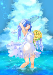Rule 34 | 1girl, :d, arm behind head, arm up, armpits, blue background, blue hair, blue sky, bouquet, cloud, cloudy sky, day, dress, flower, hair over eyes, hat, hat ribbon, highres, holding, holding bouquet, looking at viewer, noah noir, open mouth, original, red eyes, ribbon, short hair, sky, sleeveless, sleeveless dress, smile, solo, straw hat, sundress, sunflower, wading, water, white dress