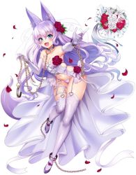 Rule 34 | 1girl, animal ear fluff, animal ears, bare shoulders, blue eyes, bouquet, breasts, chain, collar, destiny child, elbow gloves, flower, garter straps, gloves, heart, long hair, panties, petals, purple hair, red flower, small breasts, solo, thighhighs, underwear, veil, very long hair, wedding lingerie, werewolf (destiny child)