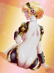 Rule 34 | 1girl, aegis (persona), android, ass, back, blonde hair, blue eyes, butt crack, confused, highres, persona, persona 3, robot, saran wrap (sf seijin), sitting