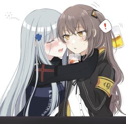 Rule 34 | !, 2girls, alcohol, armband, blouse, blush, breasts, brown hair, closed eyes, cup, drinking glass, drunk, girls&#039; frontline, hair ornament, highres, hk416 (girls&#039; frontline), jacket, long hair, medium breasts, multiple girls, one side up, open mouth, scar, scar across eye, scar on face, scarf, shirt, silver hair, small breasts, spoken exclamation mark, squeans, sui (camellia), sweatdrop, ump45 (girls&#039; frontline), white shirt, yellow eyes, yuri