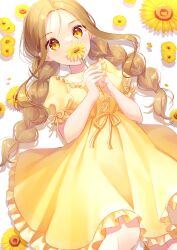 Rule 34 | 1girl, absurdres, blush, braid, brown hair, covering own mouth, dress, flower, frilled dress, frills, highres, holding, holding flower, long hair, lying, meronnpannpi, on back, original, short sleeves, solo, sunflower, twin braids, very long hair, yellow eyes