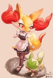 Rule 34 | 1girl, :3, ^ ^, absurdres, animal ear fluff, animal ears, animal nose, apron, arm at side, artist name, black dress, black footwear, black fur, blush, body fur, braixen, breasts, cat, cleavage, closed eyes, closed mouth, creatures (company), dress, duster, fangs, female focus, fox ears, fox girl, fox tail, frilled apron, frilled dress, frills, full body, furry, furry female, game freak, gen 6 pokemon, hand on own chest, hand up, highres, light blush, looking at another, looking down, mouth hold, multicolored fur, nintendo, pepper gecko72, pokemon, pokemon (creature), raised eyebrows, red eyes, shoes, short dress, signature, simple background, sleeveless, sleeveless dress, small breasts, snout, socks, sprigatito, standing, tail, walking, white apron, white fur, white socks, yellow fur