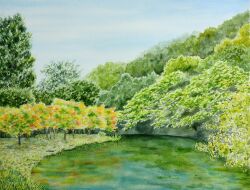 Rule 34 | bush, day, forest, grass, highres, nature, no humans, original, painting (medium), plant, pond, scenery, sunlight, traditional media, tree, water, watercolor (medium), yamaji nao