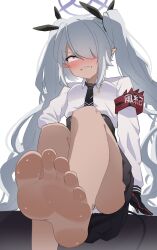 Rule 34 | 1girl, absurdres, armband, barefoot, black necktie, black ribbon, black skirt, blue archive, blush, clenched teeth, commentary request, feet, foot focus, grey hair, hair over one eye, hair ribbon, halo, high-waist skirt, highres, iori (blue archive), leg up, long hair, long sleeves, miniskirt, nauvvii, necktie, panties, pleated skirt, presenting foot, red armband, red eyes, ribbon, shirt, sitting, skirt, soles, solo, sweat, teeth, twintails, underwear, white panties, white shirt