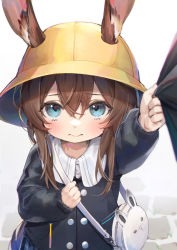 Rule 34 | 1girl, 3:, aged down, amiya (arknights), animal bag, animal ears, arknights, arm up, bag, blue eyes, blush, brown hair, clenched hand, closed mouth, clothes pull, douya (233), ears through headwear, frostnova (arknights), hair between eyes, hand up, hat, holding strap, kindergarten uniform, long hair, long sleeves, looking at viewer, out of frame, rabbit bag, rabbit ears, school hat, shirt tug, solo focus, yellow headwear