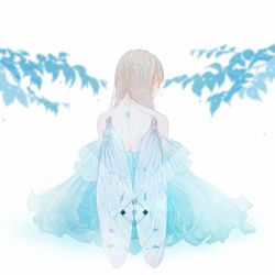 Rule 34 | 1girl, ajimita, aqua dress, backless dress, backless outfit, branch, dress, facing away, from behind, grey hair, insect wings, leaf, long hair, original, solo, wings