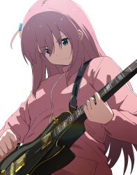 Rule 34 | 1girl, absurdres, blue eyes, bocchi the rock!, closed mouth, commentary request, cube hair ornament, electric guitar, from below, gotoh hitori, guitar, hair between eyes, hair ornament, highres, holding, holding instrument, instrument, jacket, long hair, long sleeves, looking away, looking down, misaki nonaka, one side up, pink hair, pink jacket, plectrum, simple background, solo, sweat, track jacket, very long hair, white background