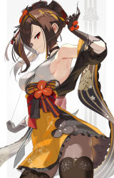 Rule 34 | 1girl, absurdres, bare shoulders, black gloves, black thighhighs, breasts, brown hair, chiori (genshin impact), elbow gloves, genshin impact, gloves, grey kimono, hair ornament, highres, japanese clothes, kimono, long hair, looking at viewer, medium breasts, needle, obi, obijime, red eyes, sash, scottie (phantom2), sewing needle, sideboob, simple background, skirt, sleeveless, sleeveless kimono, solo, thighhighs, thread, yellow skirt