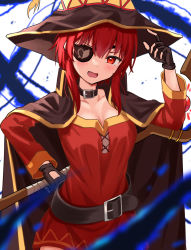 Rule 34 | 1girl, alternate breast size, belt, black belt, blush, breasts, cape, cosplay, dress, fang, fingerless gloves, gloves, hand up, hat, heart, heart print, highres, hololive, houshou marine, looking at viewer, medium breasts, medium hair, megumin, megumin (cosplay), open mouth, red dress, red eyes, red hair, smile, solo, staff, thighhighs, uuroncha, virtual youtuber, white background, witch hat
