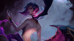 Rule 34 | 1girl, absurdres, backless dress, backless outfit, bare shoulders, dress, eyeshadow, fingernails, from side, glowing, glowing eyes, highres, league of legends, magic, makeup, medium hair, morgana (league of legends), multiple wings, outdoors, parted lips, pointy ears, purple eyes, purple eyeshadow, purple hair, purple lips, rock, ruins, sharp fingernails, smile, solo, sword, upper body, weapon, wings, zhouzx1026