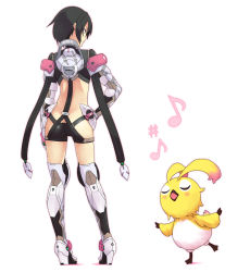 Rule 34 | 1girl, :o, animal, armor, ass, bird, black hair, boots, butt crack, creature, hand on own hip, high heels, hunter (phantasy star online 2), looking away, mini rappy, music, musical note, neighbor quartz, phantasy star, phantasy star online 2, rappy, revealing clothes, sega, shoes, short hair, simple background, singing, standing, totteri, white background