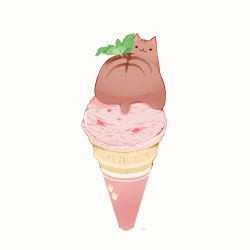 Rule 34 | animal, cat, chai (drawingchisanne), dessert, food, food-themed creature, food focus, ice cream, ice cream cone, looking back, mint, no humans, on food, original, simple background, sitting on food, undersized animal, white background