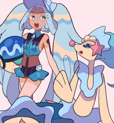 Rule 34 | 1girl, :d, ball, beachball, blue eyes, blue hair, bright pupils, colored eyelashes, commentary request, creatures (company), crossover, eyelashes, game freak, gen 7 pokemon, hatsune miku, highres, long hair, nintendo, open mouth, pokemon, pokemon (creature), primarina, project voltage, smile, swimsuit, teeth, tongue, twintails, tyako 089, upper teeth only, vest, visor cap, vocaloid, water miku (project voltage), white background, white pupils, zipper pull tab