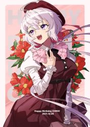 Rule 34 | 1girl, ahoge, beret, breasts, character name, dated, dress, grey hair, hand on own chest, happy birthday, hat, head tilt, highres, juliet sleeves, long hair, long sleeves, looking to the side, medium breasts, puffy sleeves, red dress, red hat, senki zesshou symphogear, smile, solo, thundergotch, very long hair, yukine chris
