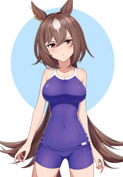 Rule 34 | 1girl, animal ears, arms at sides, blue background, blue one-piece swimsuit, breasts, brown hair, closed mouth, hair between eyes, head tilt, highres, horse ears, horse girl, kozikan, large breasts, long hair, looking at viewer, multicolored hair, one-piece swimsuit, pout, red eyes, scowl, sirius symboli (umamusume), solo, streaked hair, swimsuit, thighs, tracen swimsuit, two-tone background, umamusume, very long hair, white background