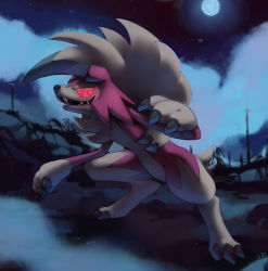 Rule 34 | claws, cloud, cloudy sky, commentary, creature, creatures (company), dark, english commentary, fangs, full body, full moon, game freak, gen 7 pokemon, highres, lycanroc, lycanroc (midnight), moon, night, night sky, nintendo, no humans, pinkgermy, pokemon, pokemon (creature), rock, sharp teeth, signature, sky, solo, standing, teeth