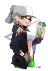 Rule 34 | 1girl, absurdres, baseball cap, breasts, cephalopod eyes, commentary, cowboy shot, cup, earrings, fang, folded hair, hand in pocket, hat, highres, holding, holding cup, hood, hooded jacket, inkling, jacket, jewelry, large breasts, looking at viewer, marie (splatoon), medium breasts, midriff, mole, mole under eye, navel, nintendo, pink hair, plastic bottle, pointy ears, puchiman, short eyebrows, short hair, signature, solo, splatoon (series), sweat, tentacle hair, thick eyebrows, triangle, white background