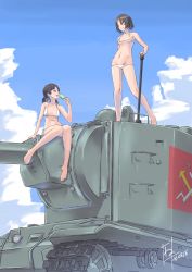 Rule 34 | 10s, 2girls, alina (girls und panzer), artist name, bikini, breasts, brown eyes, brown hair, cloud, cloudy sky, dated, day, emblem, food, girls und panzer, highres, holding, kv-2, looking at viewer, micro bikini, military, military vehicle, motor vehicle, multiple girls, nenchi, nina (girls und panzer), on vehicle, open mouth, outdoors, popsicle, pravda (emblem), short hair, short twintails, sideboob, signature, sitting, sky, small breasts, smile, standing, swimsuit, tank, twintails, underboob, white bikini