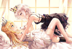 Rule 34 | 2girls, absurdres, all fours, backlighting, bad id, bad pixiv id, bed sheet, black dress, black socks, blonde hair, blue eyes, blush, breasts, closed mouth, commentary, crown, curtains, day, dress, eye contact, frilled dress, frills, from side, garter straps, hands on another&#039;s cheeks, hands on another&#039;s face, highres, indoors, kerno, knee up, kneehighs, long hair, looking at another, lying, multiple girls, off-shoulder dress, off shoulder, on back, on bed, original, parted lips, pillow, princess, profile, red eyes, short hair, sideboob, silver hair, sleeveless, sleeveless dress, small breasts, smile, socks, thighhighs, white dress, white legwear, window, yuri