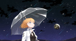 Rule 34 | .l.l, 1girl, absurdres, black shirt, blue eyes, blush, breasts, brown hair, cloud, commentary request, earrings, falling star, floating hair, glint, hair between eyes, highres, holding, holding umbrella, jacket, jewelry, looking away, moon, night, night sky, open clothes, open jacket, original, shirt, sky, small breasts, solo, star (sky), starry sky, transparent, transparent umbrella, umbrella, upper body, white jacket