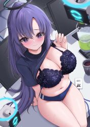 Rule 34 | 1girl, absurdres, balut (7676i), black bra, black shirt, blue archive, blue buruma, blush, bra, breasts, buruma, cleavage, closed mouth, clothes lift, drone, halo, highres, id card, lanyard, large breasts, long hair, looking at viewer, mechanical halo, navel, official alternate costume, official alternate hairstyle, ponytail, purple eyes, purple hair, shirt, shirt lift, short sleeves, solo, textless version, underwear, yuuka (blue archive), yuuka (track) (blue archive)