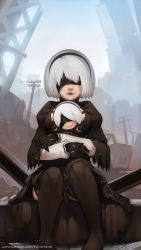 Rule 34 | 1girl, black blindfold, black dress, blindfold, boots, character doll, dress, facing viewer, feather-trimmed sleeves, hairband, highres, juliet sleeves, lips, long sleeves, looking at viewer, nier (series), nier:automata, paintrfiend, patreon username, puffy sleeves, short hair, sitting, smile, solo, thigh boots, thighhighs, thighhighs under boots, watermark, web address, white hair, 2b (nier:automata), 9s (nier:automata)