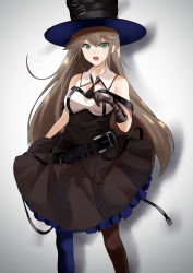 Rule 34 | 1girl, absurdres, belt, black headwear, breasts, brown dress, brown gloves, brown hair, dress, feet out of frame, girls&#039; frontline, gloves, green eyes, highres, long hair, looking at viewer, medium breasts, multicolored clothes, multicolored legwear, necktie, nighttsound, open mouth, pantyhose, solo, spitfire (girls&#039; frontline), standing, white background