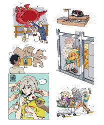 ... 5boys 6+girls alternate_universe animal_ears bags_under_eyes black_eyes black_hair blonde_hair box cardboard_box cat_ears cat_girl cat_tail chilchuck_tims contemporary costco dark-skinned_male dark_skin dungeon_meshi elf fairy_(dungeon_meshi) falin_touden feeding fleki food grey_hair halfling holding holding_box holding_food hood hoodie izutsumi kabru laios_touden lazy_eye long_hair lycion lying marcille_donato milsiril_(dungeon_meshi) mithrun mother_and_son multiple_boys multiple_girls multiple_views notched_ear official_alternate_costume open_mouth pants pattadol pointy_ears refrigerator rem_(tsulala) shirt shopping_cart short_hair spoken_ellipsis stuffed_animal stuffed_toy sweatdrop t-shirt tail teddy_bear trapped turn_pale uneven_eyes wavy_hair white_background