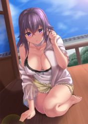 Rule 34 | 1girl, bare shoulders, barefoot, breasts, cleavage, collarbone, day, konohana enishi, large breasts, long hair, looking at viewer, original, parted lips, purple hair, purple theme, sengoku aky, shorts, solo, sweat, thighs