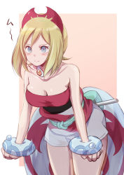 Rule 34 | 1girl, blonde hair, blush, bracelet, breasts, cleavage, closed mouth, collar, collarbone, commentary request, creatures (company), flute, game freak, grey eyes, hairband, highres, instrument, irida (pokemon), jewelry, leaning forward, nintendo, pokemon, pokemon legends: arceus, red hairband, red shirt, sash, shirt, shorts, solo, strapless, strapless shirt, waist cape, white shorts, yue (lov n n)